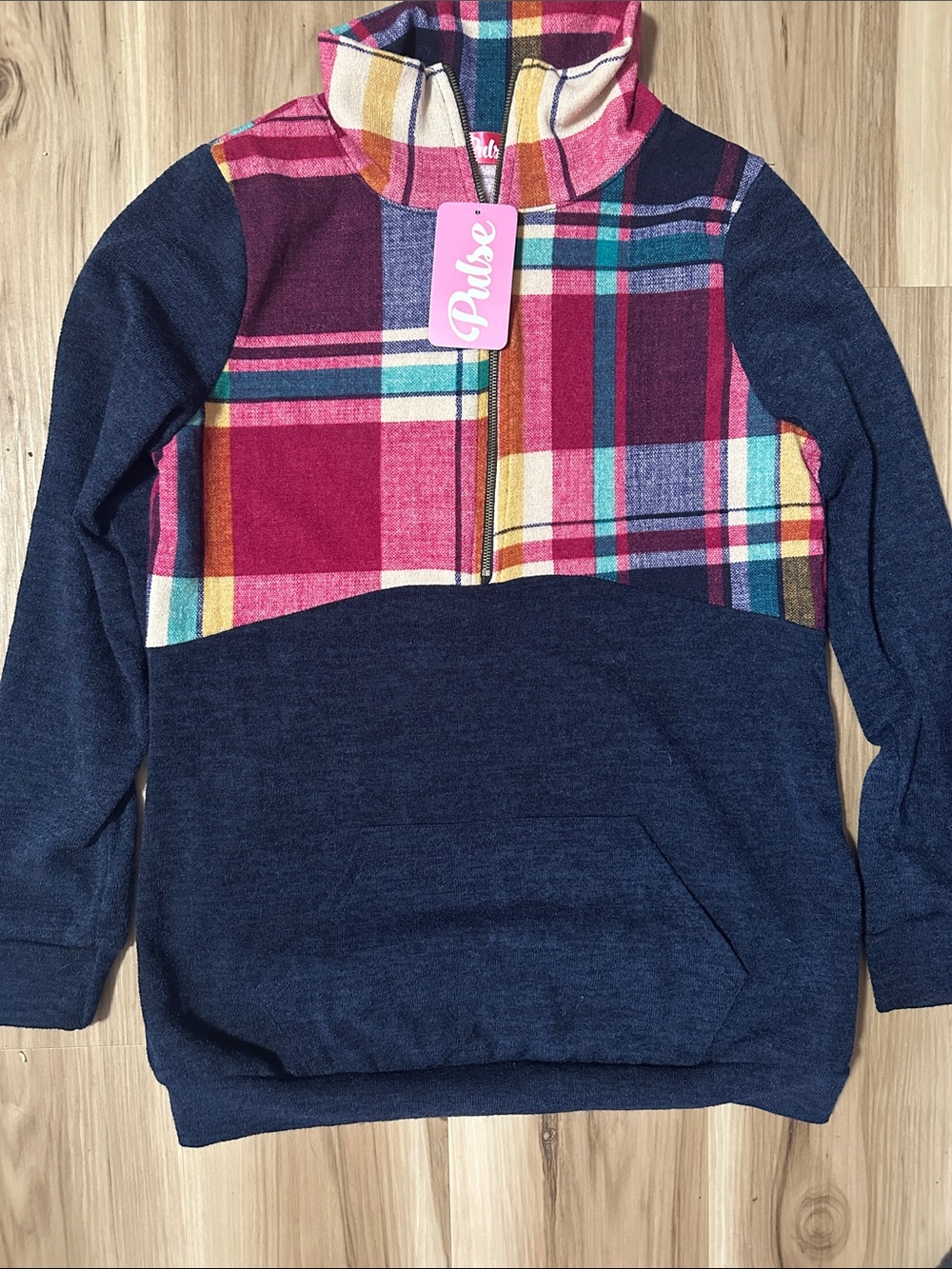 Pulse Women’s Navy & Pink Plaid Half-Zip Sweatshirt